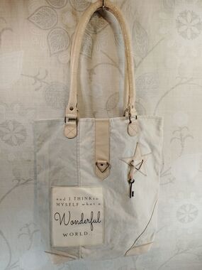 Vintage Addiction Canvas Shoulder Tote Bag in Cream& LightBlue - Wonderful World